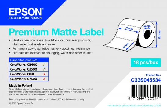 Epson Premium Matte Label 76 x 51 mm, 650 Etiketten